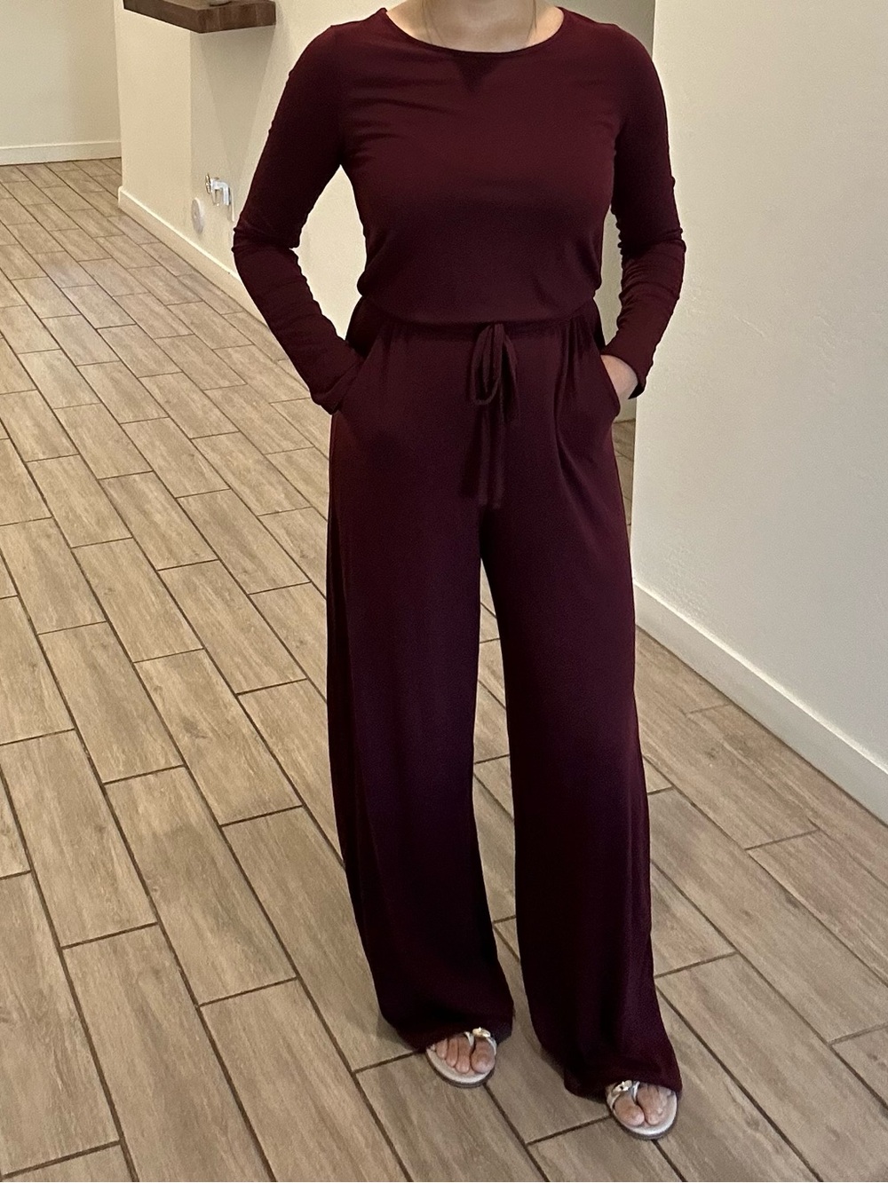 Zenana Outfitters Long-Sleeve Wide-Leg Jumpsuit in Burgundy